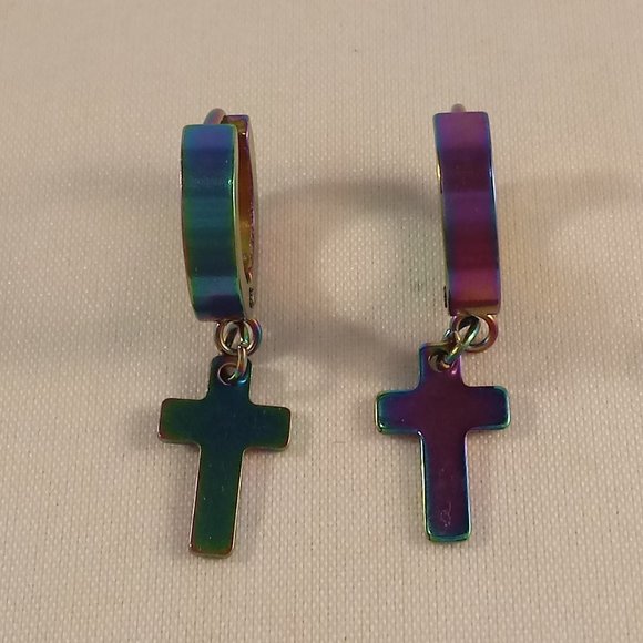 Mens Silver Stainless Steel Mystic Cross Hoop Dangle Earrings 14mm Party Gift - Picture 3 of 6